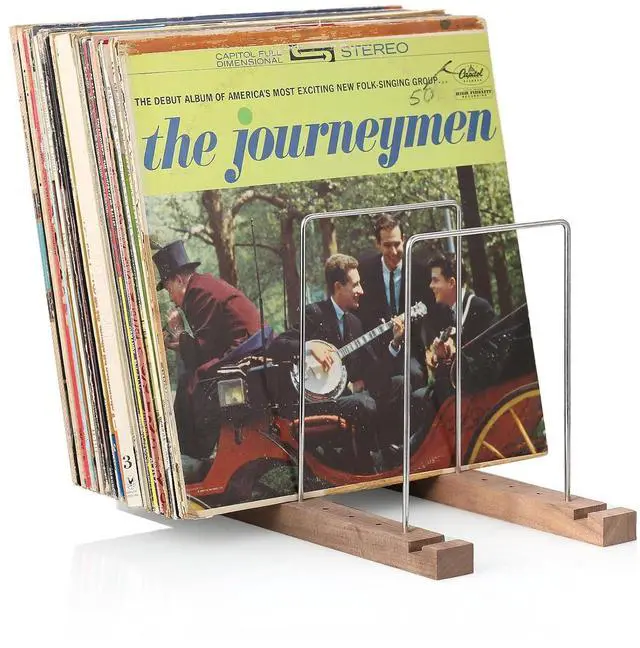 Alt view image 2 of 7 - 50-60pcs LP Turntable Vinyl Record Storage Holder Wooden+Stainless Albums Stand