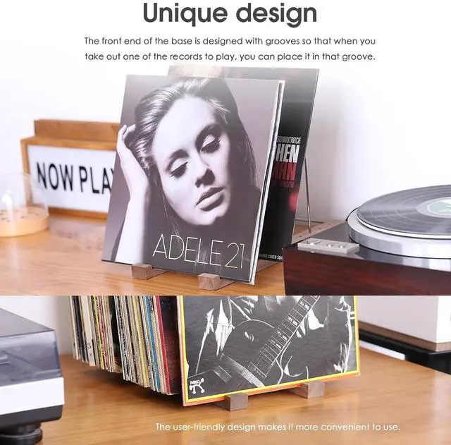 Alt view image 5 of 7 - 50-60pcs LP Turntable Vinyl Record Storage Holder Wooden+Stainless Albums Stand