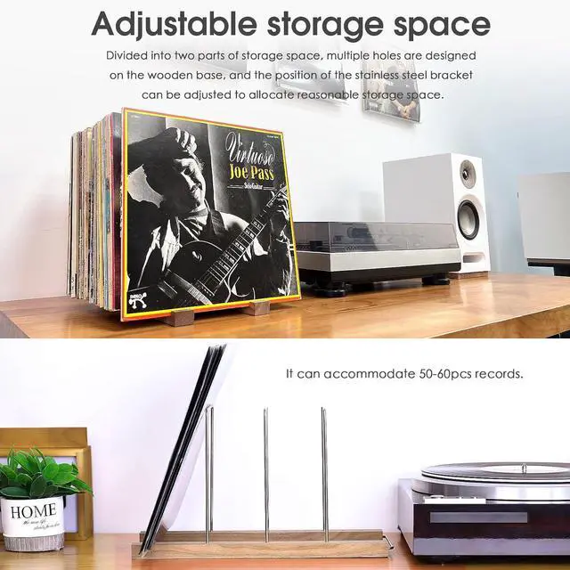 Alt view image 3 of 7 - 50-60pcs LP Turntable Vinyl Record Storage Holder Wooden+Stainless Albums Stand