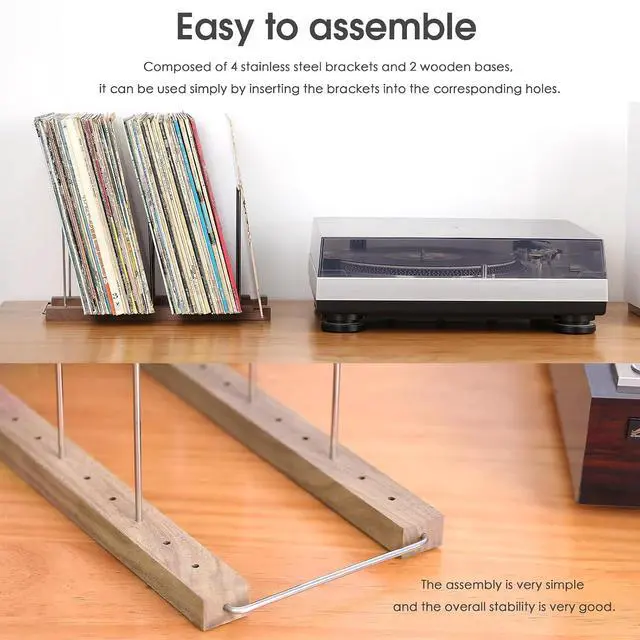Alt view image 4 of 7 - 50-60pcs LP Turntable Vinyl Record Storage Holder Wooden+Stainless Albums Stand