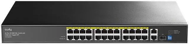 Main image of 24-Port 10/100M PoE+ Network Switch 300W 2 GbE 1 SFP VLAN FS1026PS1 | Unmanaged Rackmount Metal Hub; Plug & Play IEEE 802.3at/af; 820ft CCTV Extend; Watchdog Recovery; Powers IP Cams, VoIP, APs