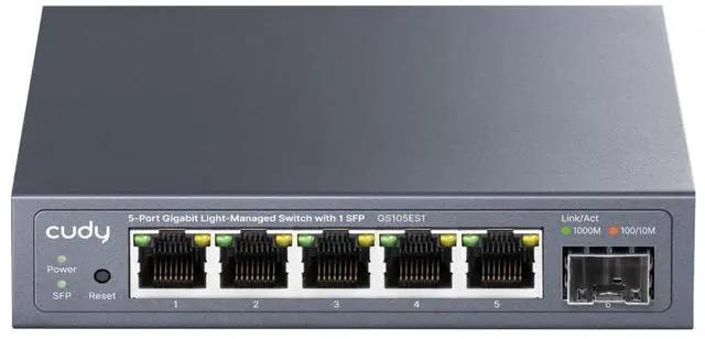 Main image of GS105ES1 5 Port Gigabit Light-Managed Switch with 1 SFP, Web Managed, VLAN, QoS, IGMP Snooping, Desktop/Wall Mount