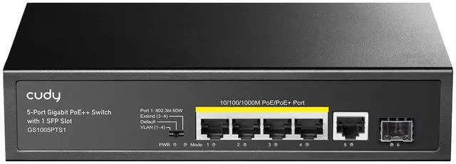Main image of 5 Port 120W Gigabit PoE+ Switch, PoE Switch, 60 Watts Port 1, 4 PoE Ports, 802.3 at/AF, VLAN, Extension to 250 Meters, Not Support 802.3bt, GS1005PTS1