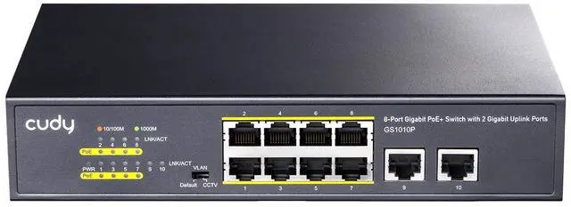 Main image of 10-Port Gigabit 8-Port PoE+ Unmanaged Ethernet Network Switch GS1010P | 120W Budget IEEE 802.3af/at 2 Uplinks 820ft CCTV VLAN Extend Fanless Metal Housing 20Gbps Capacity 8K MAC IP Camera Auto-MDIX