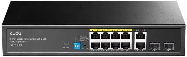 Main image of 8 Gigabit Ethernet Unmanaged PoE+ Switch, 120W, 8 Gigabit PoE+, 2 SFP, 2 Uplink Ports, VLAN/ Extend Mode, 802.3af/at, GS1010PS2