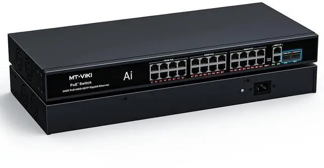Main image of Full Gigabit PoE Switch, 28 Port IEEE 802.3at/af Unmanaged Network Switch with 300W Total Power (24 PoE+ 30W, 2 Uplink, 2 SFP Fiber), 6KV, AI Watchdog, Port VLAN, Plug & Play