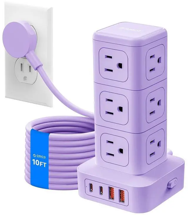 Main image of 10FT Extension Cord with 12 AC Outlets 4 USB, Surge Protetctor Power | Power Strip Tower, Outlet Extender, 20W Fast Charge Desk Accessories for Home Office Dorm