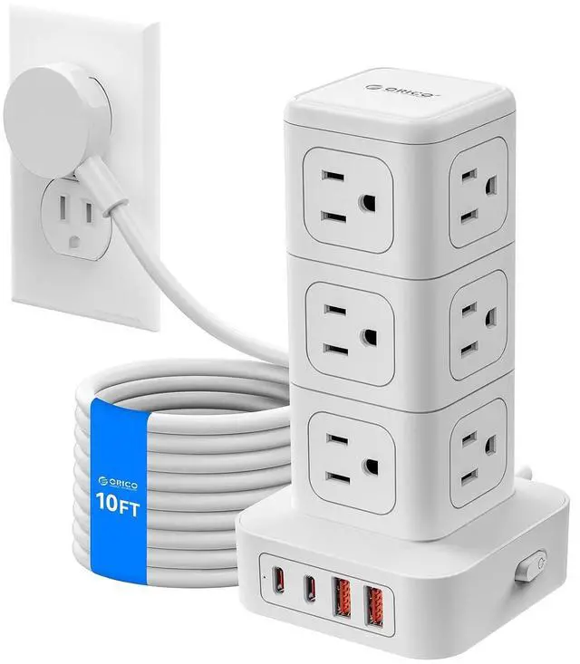 Main image of 10FT Extension Cord with 12 AC Outlets 4 USB, Surge Protetctor Power | Power Strip Tower, Outlet Extender, 20W Fast Charge Desk Accessories for Home Office Dorm
