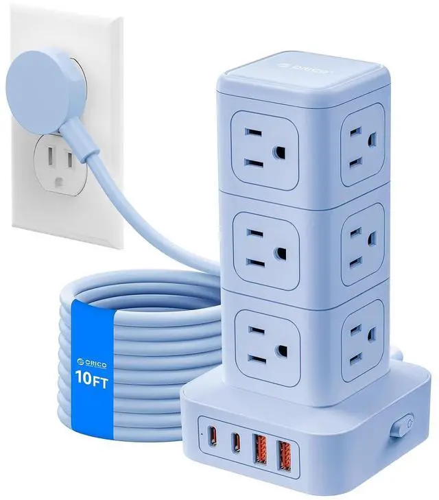 Main image of 10FT Extension Cord with 12 AC Outlets 4 USB, Surge Protetctor Power | Power Strip Tower, Outlet Extender, 20W Fast Charge Desk Accessories for Home Office Dorm