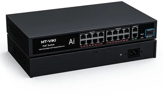 Main image of Full Gigabit PoE Switch, 19-Port IEEE 802.3at/af Unmanaged Network Switch with 300W Total Power (16 PoE+ 30W, 2 Uplink, 1 SFP Fiber), 6KV, AI Watchdog, Port VLAN, Plug & Play
