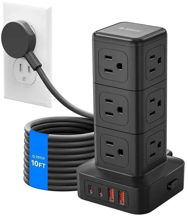 Main image of 10FT Extension Cord with 12 AC Outlets 4 USB, Surge Protetctor Power | Power Strip Tower, Outlet Extender, 20W Fast Charge Desk Accessories for Home Office Dorm