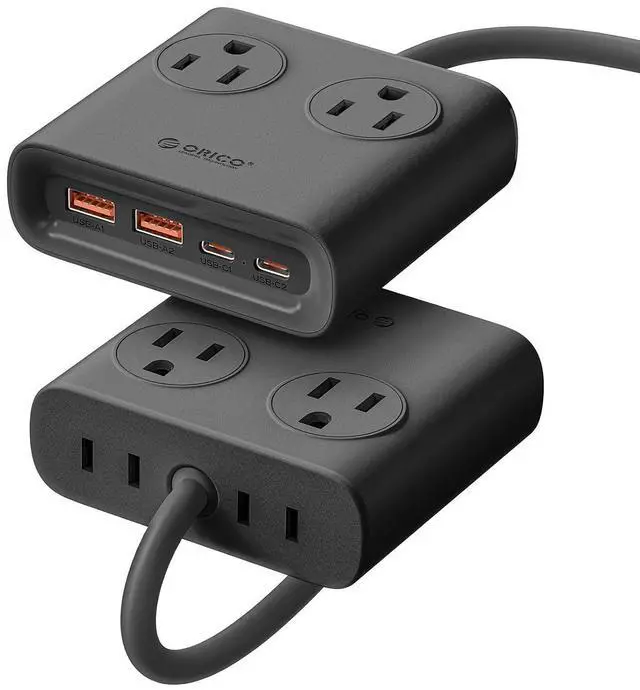 Main image of Power Brick, 25W GaN Power Strip, 8 in 1 Extension Cord with 4 AC Outlets and 2 USB-A and 2 USB-C Ports, 5ft Flat Plug Black Outlet Extender for Home/Dorm/Travel ETL Listed-PDC (1 PC)