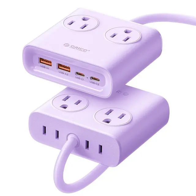Main image of Power Brick, 25W GaN Power Strip, 8 in 1 Extension Cord with 4 AC Outlets and 2 USB-A and 2 USB-C Ports, 5ft Flat Plug Purple Outlet Extender for Home/Dorm/Travel ETL Listed-PDC (1 PC)