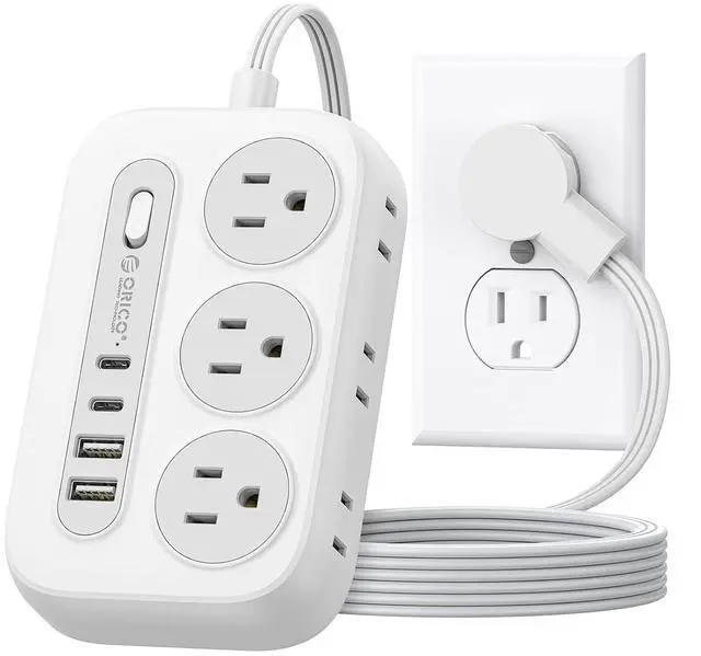 Main image of Surge Protector Power Strip, Multiple Outlets Extension Cord with 6 AC Outlets 2 USB-A and 2 USB-C Ports, 5 ft Flat Plug Power Strip, Mountable Outlet Extender for Dorm/Office/Home ETL Listed