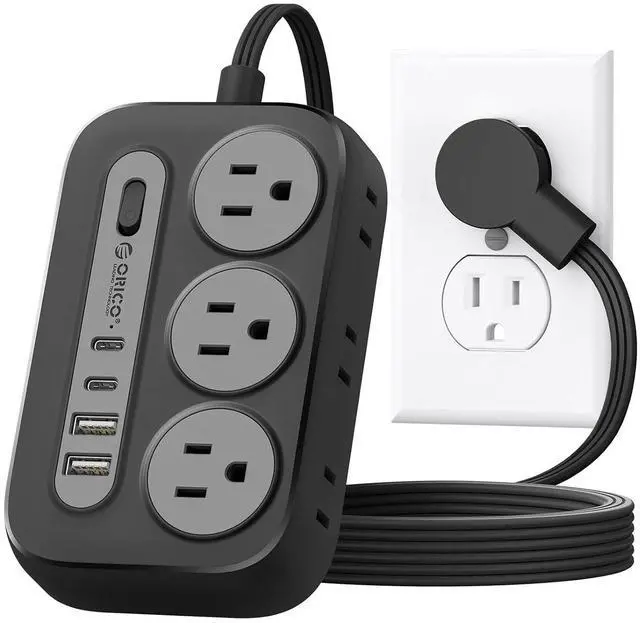 Main image of Surge Protector Power Strip, Multiple Outlets Extension Cord with 6 AC Outlets 2 USB-A and 2 USB-C Ports, 5 ft Flat Plug Power Strip, Mountable Outlet Extender for Dorm/Office/Home ETL Listed