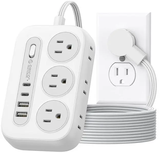 Main image of Surge Protector Power Strip, Multiple Outlets Extension Cord with 6 AC Outlets 2 USB-A and 2 USB-C Ports, 10 ft Flat Plug Power Strip, Mountable Outlet Extender for Dorm/Office/Home ETL Listed