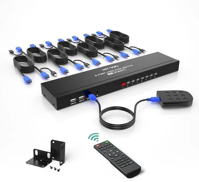 Main image of 8 Port KVM Switch HDMI, 4K@30Hz 1U Rack Mount KVM Switch w/IR Remote & Wire-Desktop Controller & 8 HDMI KVM Cables & Rack Ears & Power Adapter