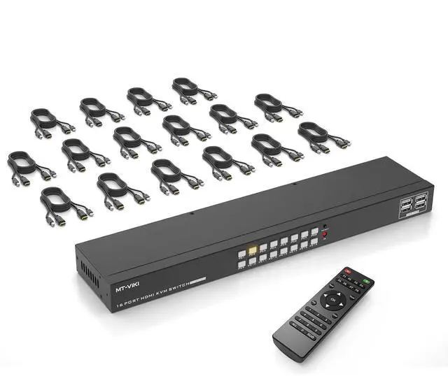 Main image of 4K 16 Port KVM Switch HDMI, 4K@30Hz Rack Mount KVM Console w/16 Cables + 4 USB 2.0 Devices + Remote, Support EDID Storage, HDMI 1.4, HDCP 1.4 for 16 Computers/Servers, Fit 1U 19'' Rack