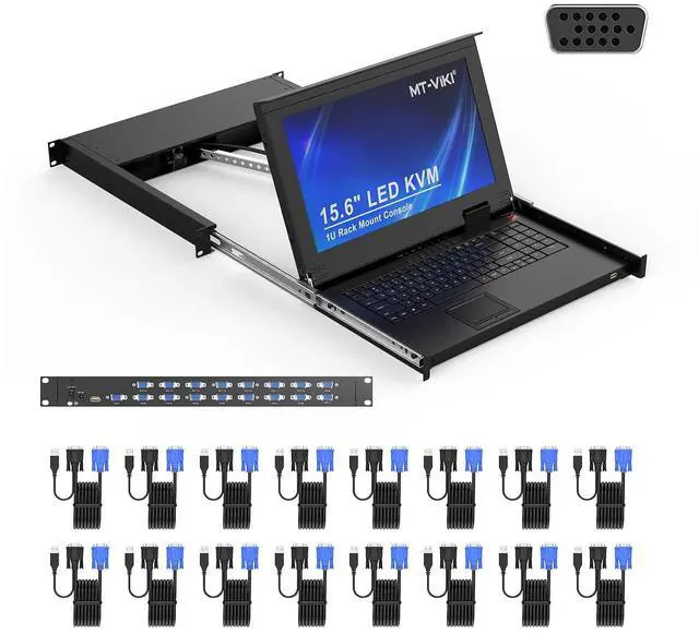 Main image of 16 Port VGA KVM Console, 1U Rack Mount KVM Console w/15.6'' LCD Monitor, 1080P All-in-ONE LCD KVM Console Integrated Touchpad+Keyboard+Drawer+16 KVM Cables