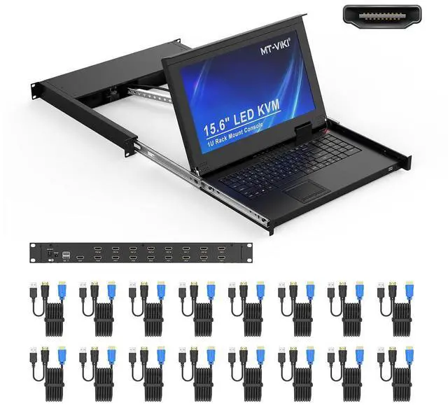 Main image of 16-Port HDMI LCD KVM Console, 1U Rack Mount with 15.6'' LCD Monitor, 1080P@60Hz + 16 KVM Cables, for Short-Depth & Standard Rack