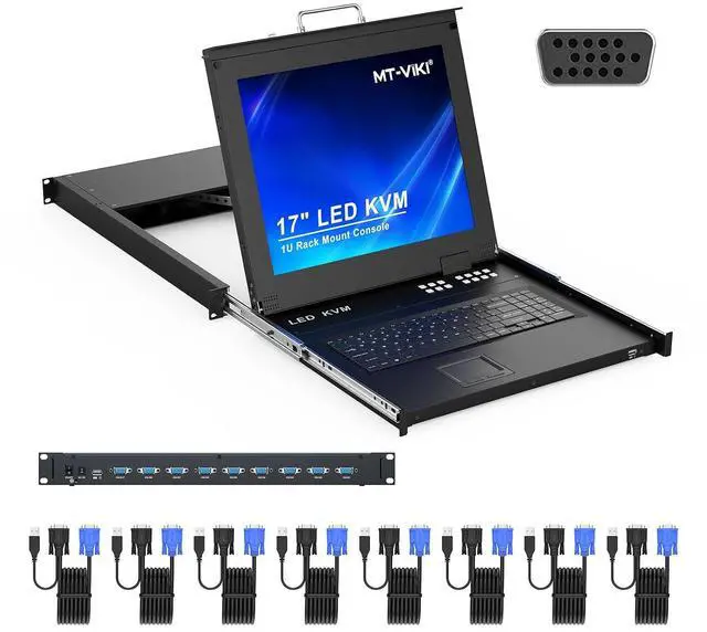 Main image of 17'' Rack Mount KVM Switch VGA 8 Port, Rackmount Monitor KVM Fit 1U 19'' Rack, 600-800mm(23.6~31.8'') Depth, Integrated with Keyboard+Touch pad+Drawer+8 KVM Cables