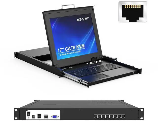 Main image of 1U Rack Mount Over RJ45, 8 Port USB VGA/HDMI KVM Console Over CAT6, USB+VGA/HDMI to RJ45 KVM Dongles Ordered Separately