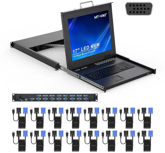 Main image of Rack KVM Switch w/17'' LCD Monitor, 16 Port VGA KVM Switch with Keyboard Touchpad Monitor, Fit for 1U 19'' Rack, OSD/Hotkey/Button with 16 VGA KVM Cable