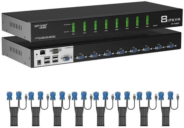 Main image of 8 Port IP KVM Console, Rack Mount KVM Switch Over IP for Remote Access, 1 Local & 1 Remote Access, 8 Cables Included