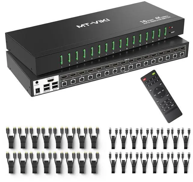 Main image of 16 Port KVM Switch HDMI 4K@60Hz w/Remote, Support Keyboard Hotkey Switch 1U Rack Mount KVM HDMI with 3.5mm Audio, 16 Pack Cables Included (Industrial Grade)
