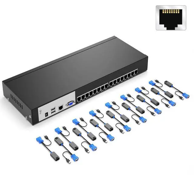 Main image of Rack Mount KVM, 16 Port VGA KVM Console Over CAT6 Cable 16 Packs USB VGA to CAT6 Dongle Included