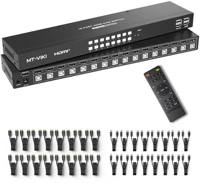 Main image of 4K@60Hz KVM Switch HDMI 16 Port w/16 Cables & 3.5mm Audio, Rack Mount KVM Switch, 4 USB 2.0,HDMI 2.0,HDCP 2.2 for 16 Computers/Servers, Fit 1U 19'' Rack