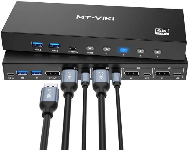 Main image of 8K Displayport KVM Switch 4 in 1 Out DP1.4 with 4 USB 3.0 Ports, Support 8K@60Hz 4K@144Hz Share 1 Monitor Keyboard Mouse U-Disk Printer, with 4 USB A to C Cables