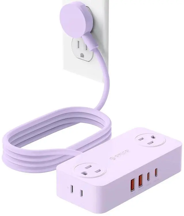 Main image of Power Strip with USB Port, 5Ft Extension Cord with Multiple Outlets for Desk, 8 in 1 Charging Station (AC*4, USB-C*2, USB-A*2) Desktop Accessories for Home, Office, Dorm, Room - CPR20 Purple