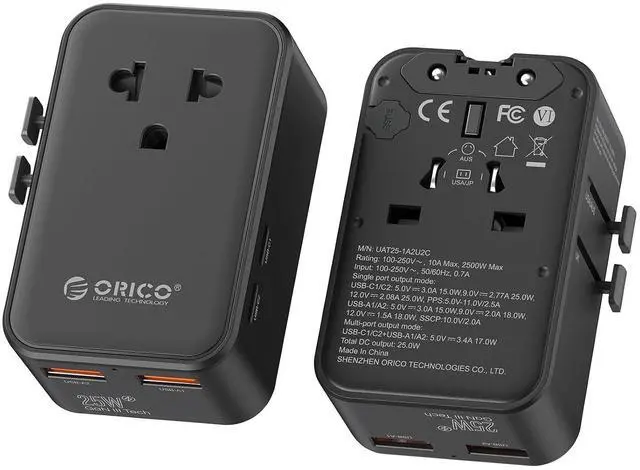 Main image of Ultra-Thin GaN Travel Adapter 25W, International Plug Adapter with 2 USB-C and 2 USB-A Ports, 5-in-1 Universal Power Adapter Worldwide for US EU UK AU 200+ Countries (2500W Max) - 1 Pack