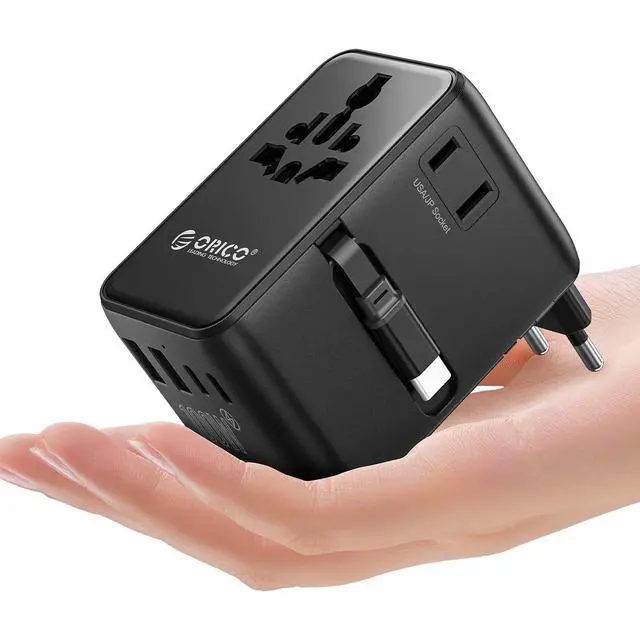 Main image of 100W Universal Travel Adapter with 2 AC Outlets and 3 USB-C and 2 USB-A Ports, Built-in Retractable USB-C Cable, Type A, C, G, I Outlets, International Travel Adapter for Global Travel