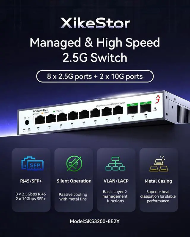 Alt view image 2 of 7 - 10-Port 2.5G Web Managed Ethernet Switch, Support LACP/VLAN/QoS/STP/IGMP, 2.5 Gigabit Network Switch, Metal Housing Fanless 2.5Gb Switch, Desktop/Wall-Mount