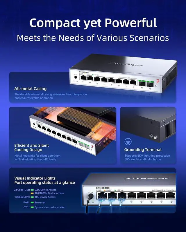Alt view image 3 of 7 - 10-Port 2.5G Web Managed Ethernet Switch, Support LACP/VLAN/QoS/STP/IGMP, 2.5 Gigabit Network Switch, Metal Housing Fanless 2.5Gb Switch, Desktop/Wall-Mount