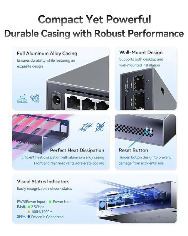 Alt view image 4 of 7 - 6-Port 2.5G Web Managed Ethernet Switch, VLAN/QoS/STP/IGMP/LACP Supported, Fanless Easy Smart 2.5Gb Network Switch, Aluminum Housing, Desktop/Wall-Mount