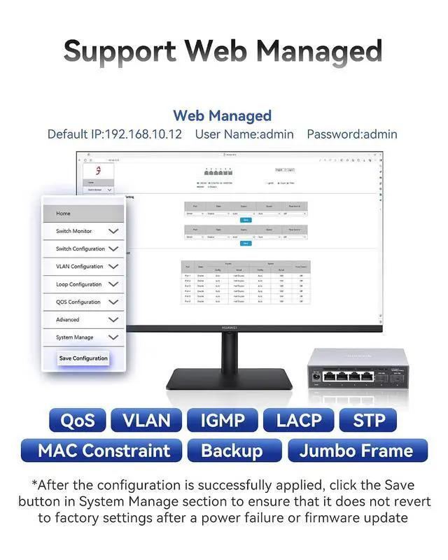 Alt view image 6 of 7 - 6-Port 2.5G Web Managed Ethernet Switch, VLAN/QoS/STP/IGMP/LACP Supported, Fanless Easy Smart 2.5Gb Network Switch, Aluminum Housing, Desktop/Wall-Mount