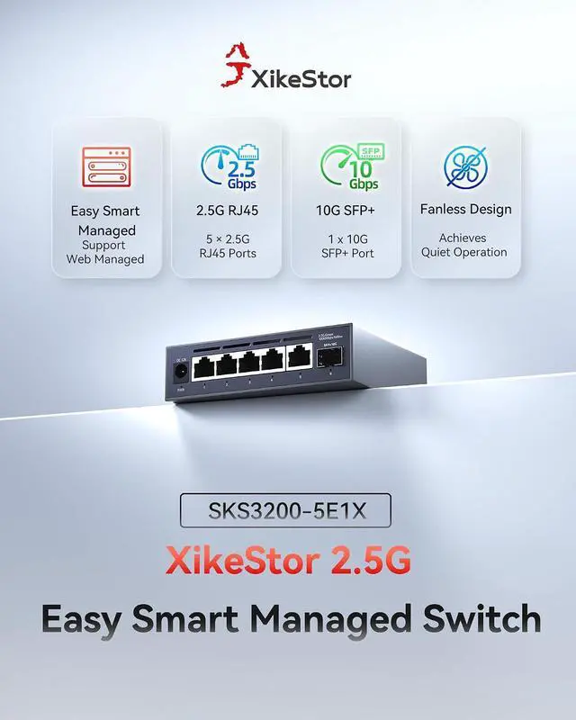 Alt view image 2 of 7 - 6-Port 2.5G Web Managed Ethernet Switch, VLAN/QoS/STP/IGMP/LACP Supported, Fanless Easy Smart 2.5Gb Network Switch, Aluminum Housing, Desktop/Wall-Mount