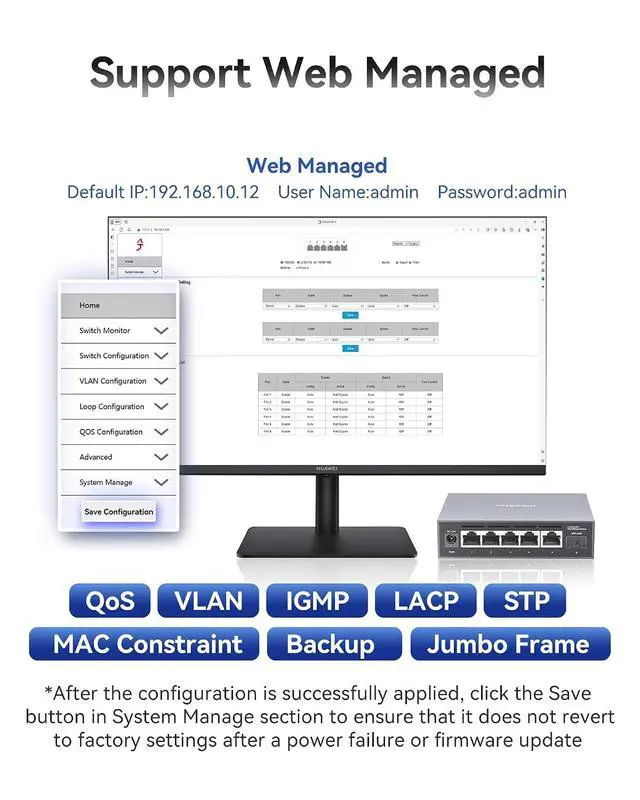 Alt view image 6 of 7 - 6-Port 2.5G Web Managed Ethernet Switch, VLAN/QoS/STP/IGMP/LACP Supported, Fanless Easy Smart 2.5Gb Network Switch, Aluminum Housing, Desktop/Wall-Mount