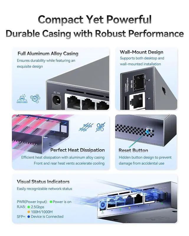 Alt view image 4 of 7 - 6-Port 2.5G Web Managed Ethernet Switch, VLAN/QoS/STP/IGMP/LACP Supported, Fanless Easy Smart 2.5Gb Network Switch, Aluminum Housing, Desktop/Wall-Mount