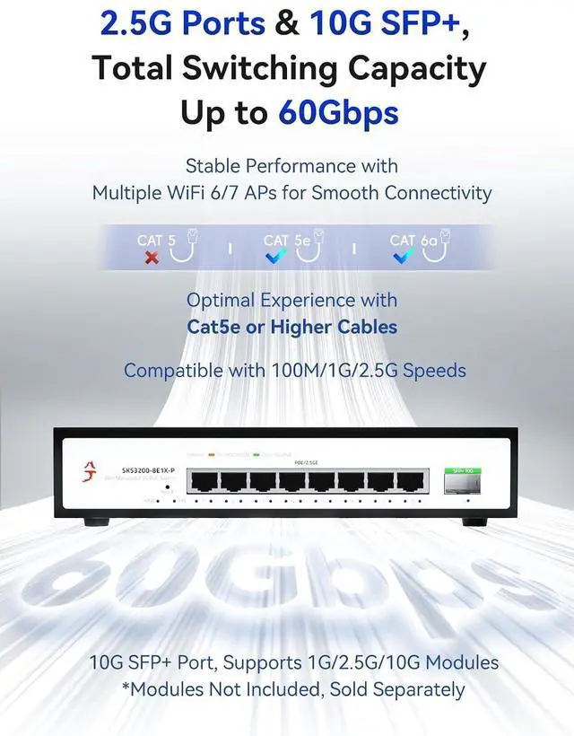 Alt view image 3 of 7 - 9-Port 2.5G Easy Managed PoE+ Ethernet Switch, IEEE8023af/at PoE 140W, VLAN/QoS/STP/IGMP/LACP Supported, Fanless 2.5Gb Network Switch for AP, VoIP Phone, IP Camera, NVR