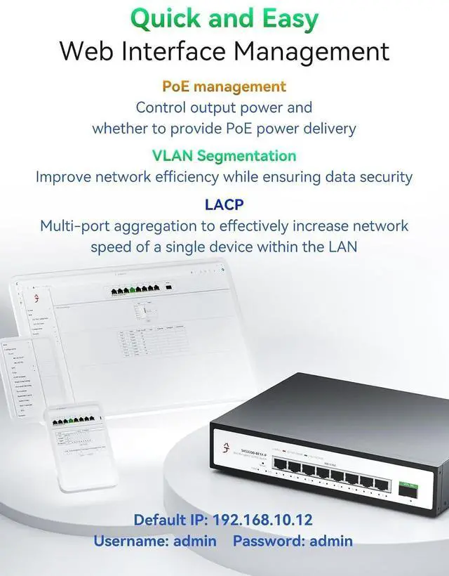 Alt view image 4 of 7 - 9-Port 2.5G Easy Managed PoE+ Ethernet Switch, IEEE8023af/at PoE 140W, VLAN/QoS/STP/IGMP/LACP Supported, Fanless 2.5Gb Network Switch for AP, VoIP Phone, IP Camera, NVR