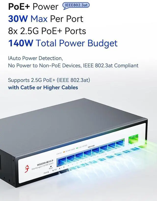 Alt view image 2 of 7 - 9-Port 2.5G Easy Managed PoE+ Ethernet Switch, IEEE8023af/at PoE 140W, VLAN/QoS/STP/IGMP/LACP Supported, Fanless 2.5Gb Network Switch for AP, VoIP Phone, IP Camera, NVR