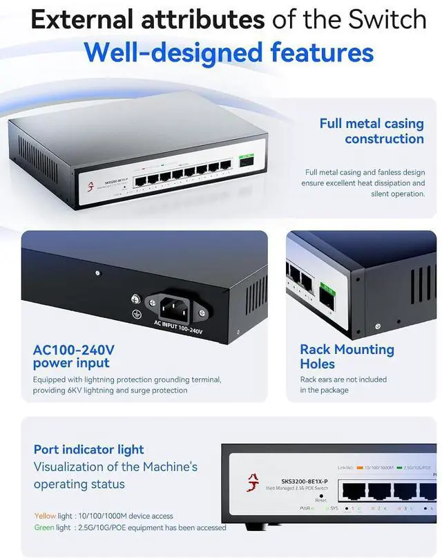 Alt view image 6 of 7 - 9-Port 2.5G Easy Managed PoE+ Ethernet Switch, IEEE8023af/at PoE 140W, VLAN/QoS/STP/IGMP/LACP Supported, Fanless 2.5Gb Network Switch for AP, VoIP Phone, IP Camera, NVR
