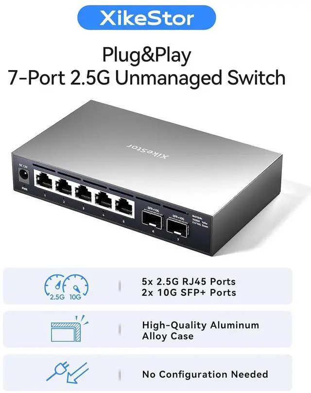 Alt view image 2 of 7 - 7 Port 2.5G Unmanaged Ethernet Switch with 2x10G SFP+ , 2.5 Gigabit Network Switch, 2.5Gb Ethernet Hub, Plug & Play, Metal Housing, Desktop/Wall-Mount