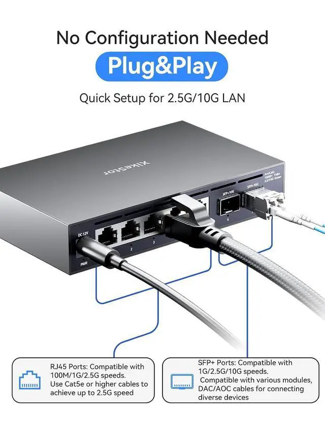 Alt view image 4 of 7 - 7 Port 2.5G Unmanaged Ethernet Switch with 2x10G SFP+ , 2.5 Gigabit Network Switch, 2.5Gb Ethernet Hub, Plug & Play, Metal Housing, Desktop/Wall-Mount