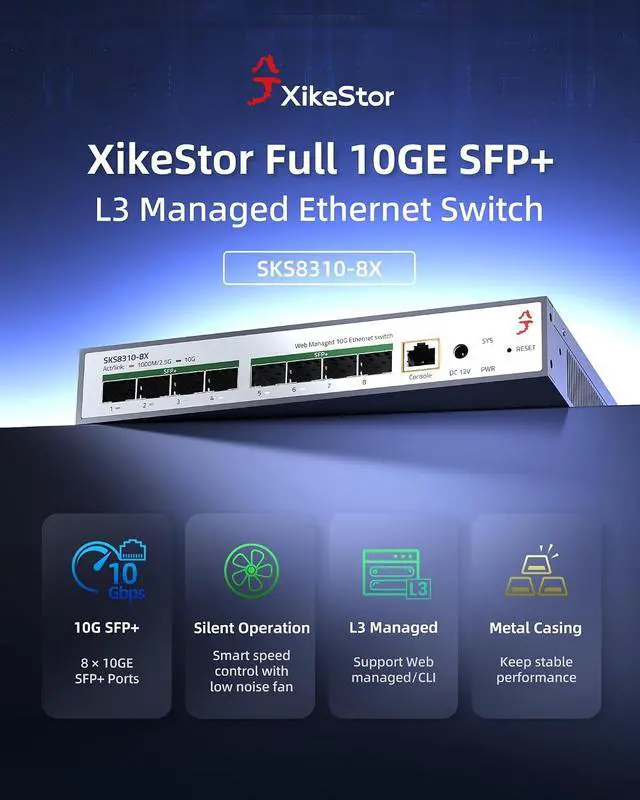 Alt view image 2 of 6 - 8-Port 10Gbps SFP+ L3 Managed SwitchSupports 1/2.5/10G Modules, 160Gbps BandwidthSupported DHCP/OSPF/BGP/RIP/VLAN/ACL/LACP/ARP/IGMP, Intelligent Fan Cooling, Desktop/Wall-Mount