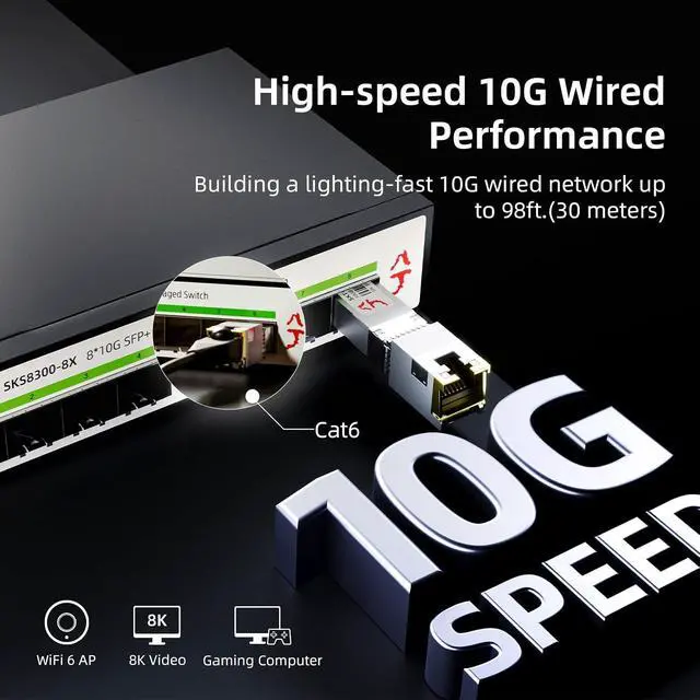 Alt view image 4 of 7 - 10GBase-T SFP+ to RJ45 Transceiver, 10G Copper SFP+ to Ethernet Module, Up to 30m, Plug and Play, Compatible with Cisco, Meraki, Ubiquiti, Fortinet, Mikrotik, Netgear, TP-Link and More